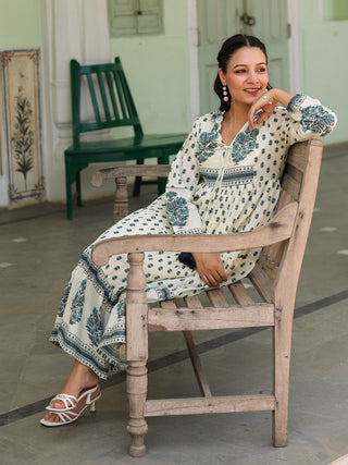 Women Ethnic Printed Pure Cotton V-Neck Fit & Flared Midi Ethnic Dresses