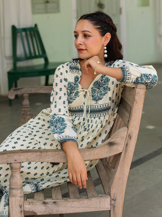 Women Ethnic Printed Pure Cotton V-Neck Fit & Flared Midi Ethnic Dresses