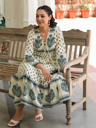 Women Ethnic Printed Pure Cotton V-Neck Fit & Flared Midi Ethnic Dresses