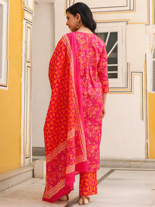 Women Floral Printed Cotton A-Line Kurta with Trousers & Dupatta