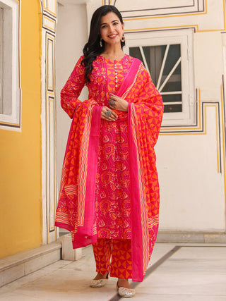 Women Floral Printed Cotton A-Line Kurta with Trousers & Dupatta