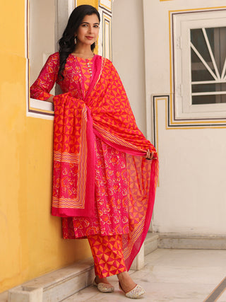 Women Floral Printed Cotton A-Line Kurta with Trousers & Dupatta