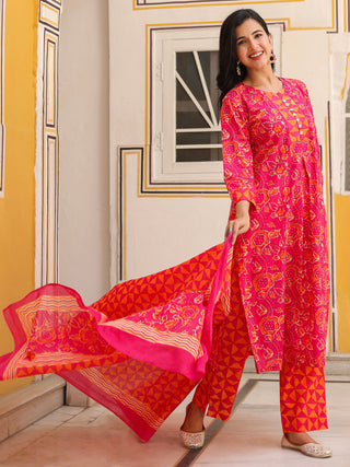 Women Floral Printed Cotton A-Line Kurta with Trousers & Dupatta