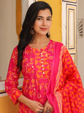 Women Floral Printed Cotton A-Line Kurta with Trousers & Dupatta