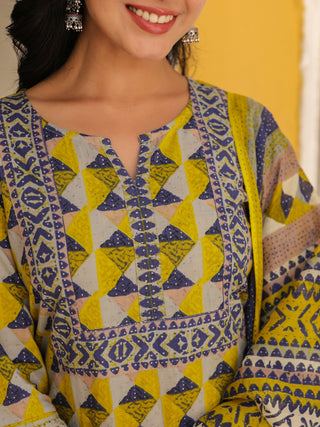 Geometric Printed Pure Cotton Straight Kurta With Trousers & Dupatta