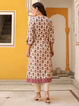 Floral Printed Notch Neck Thread Work Pure Cotton Kurta