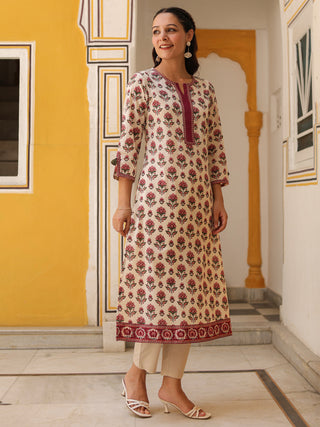 Floral Printed Notch Neck Thread Work Pure Cotton Kurta