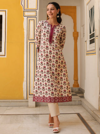 Floral Printed Notch Neck Thread Work Pure Cotton Kurta