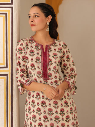 Floral Printed Notch Neck Thread Work Pure Cotton Kurta