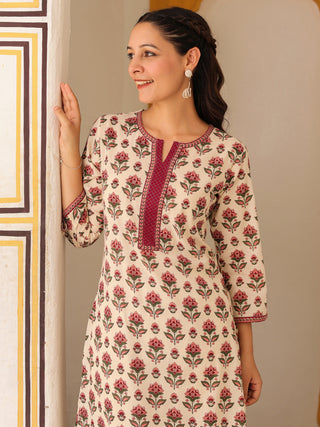 Floral Printed Notch Neck Thread Work Pure Cotton Kurta