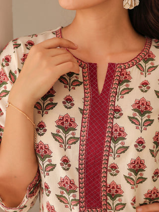 Floral Printed Notch Neck Thread Work Pure Cotton Kurta
