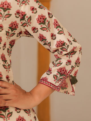 Floral Printed Notch Neck Thread Work Pure Cotton Kurta