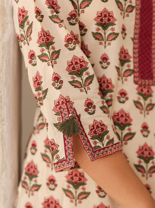 Floral Printed Notch Neck Thread Work Pure Cotton Kurta
