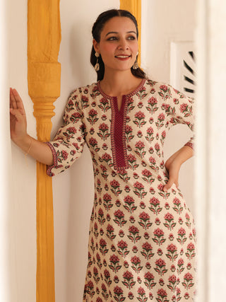 Floral Printed Notch Neck Thread Work Pure Cotton Kurta
