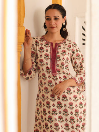 Floral Printed Notch Neck Thread Work Pure Cotton Kurta