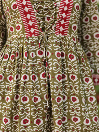 Green Ethnic Motif Print Peplum Top