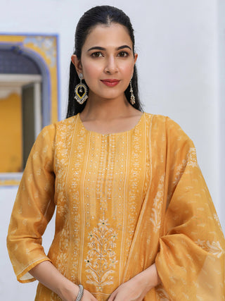 Ethnic Motifs Printed Chanderi Cotton Kurta With Trousers & Dupatta