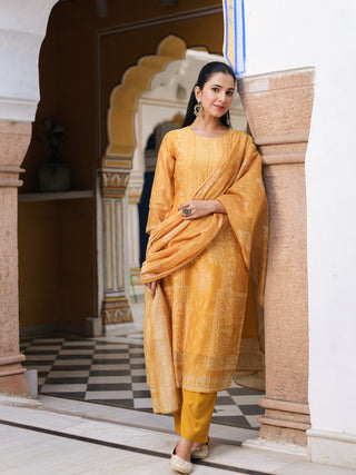 Ethnic Motifs Printed Chanderi Cotton Kurta With Trousers & Dupatta