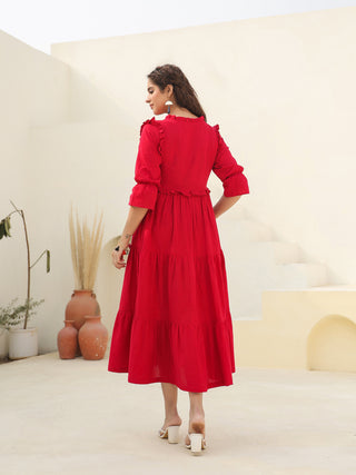 Women Puff Sleeves Ruffled Cotton A-Line Midi Dress