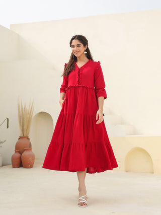 Women Puff Sleeves Ruffled Cotton A-Line Midi Dress