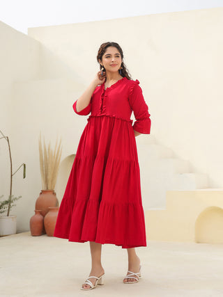 Women Puff Sleeves Ruffled Cotton A-Line Midi Dress