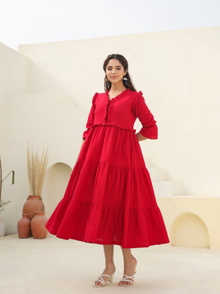 Women Puff Sleeves Ruffled Cotton A-Line Midi Dress