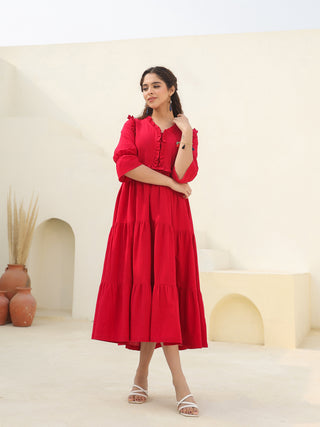 Women Puff Sleeves Ruffled Cotton A-Line Midi Dress