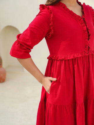 Women Puff Sleeves Ruffled Cotton A-Line Midi Dress