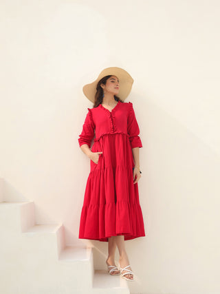 Women Puff Sleeves Ruffled Cotton A-Line Midi Dress