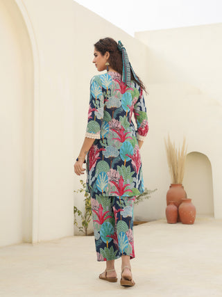 Floral Printed Pure Cotton Tunic With Trousers