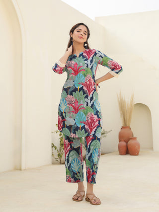 Floral Printed Pure Cotton Tunic With Trousers