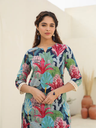 Floral Printed Pure Cotton Tunic With Trousers