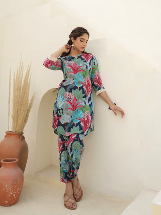 Floral Printed Cotton Tunic With Trousers