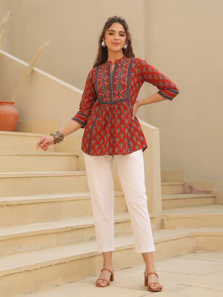 Print Mandarin Collar Cotton Top