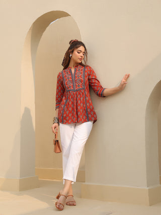 Print Mandarin Collar Cotton Top