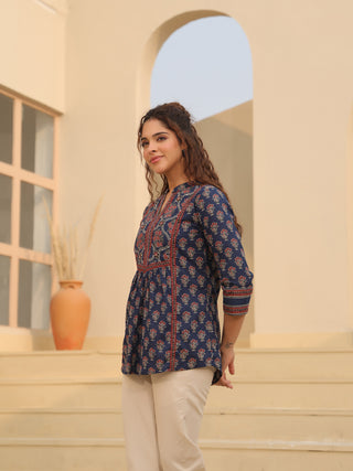 Print Mandarin Collar Cotton Shirt Style Top