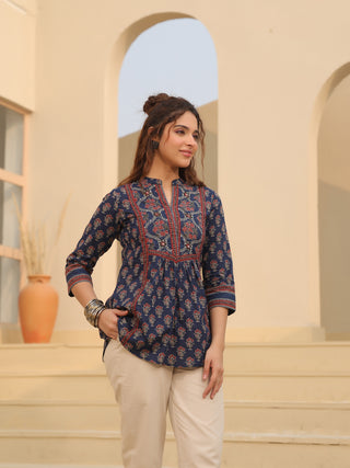 Print Mandarin Collar Cotton Shirt Style Top