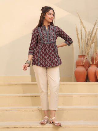 Print Mandarin Collar Cotton Top