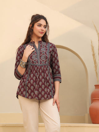 Print Mandarin Collar Cotton Top