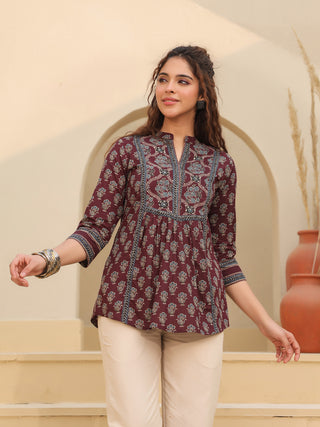 Print Mandarin Collar Cotton Top