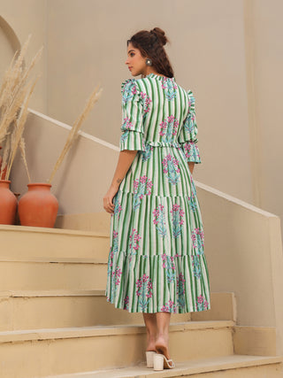 Women Printed Pure Cotton Fit & Flared Midi Ethnic Dresses