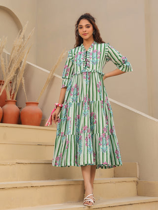 Women Printed Pure Cotton Fit & Flared Midi Ethnic Dresses