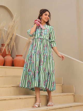 Women Printed Pure Cotton Fit & Flared Midi Ethnic Dresses