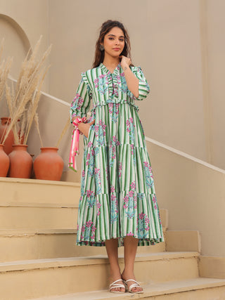 Women Printed Pure Cotton Fit & Flared Midi Ethnic Dresses