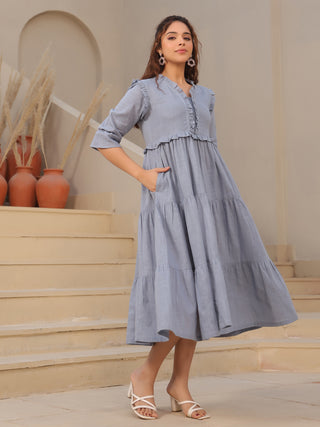 V-Neck Bell Sleeves Pure Cotton Tiered Fit & Flare Midi Dress