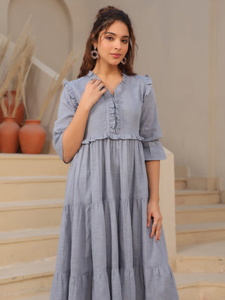 V-Neck Bell Sleeves Pure Cotton Tiered Fit & Flare Midi Dress