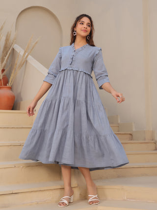 V-Neck Bell Sleeves Pure Cotton Tiered Fit & Flare Midi Dress