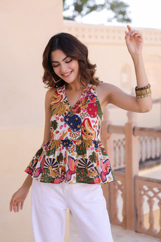 Women Printed Cotton Sleeveless Peplum Top