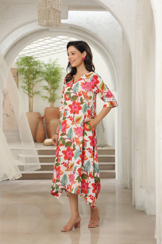 v neck floral printed A-line dress