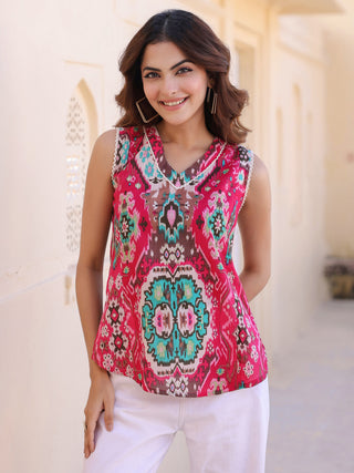 Fuchsia Ethnic Motif Print Lace Top